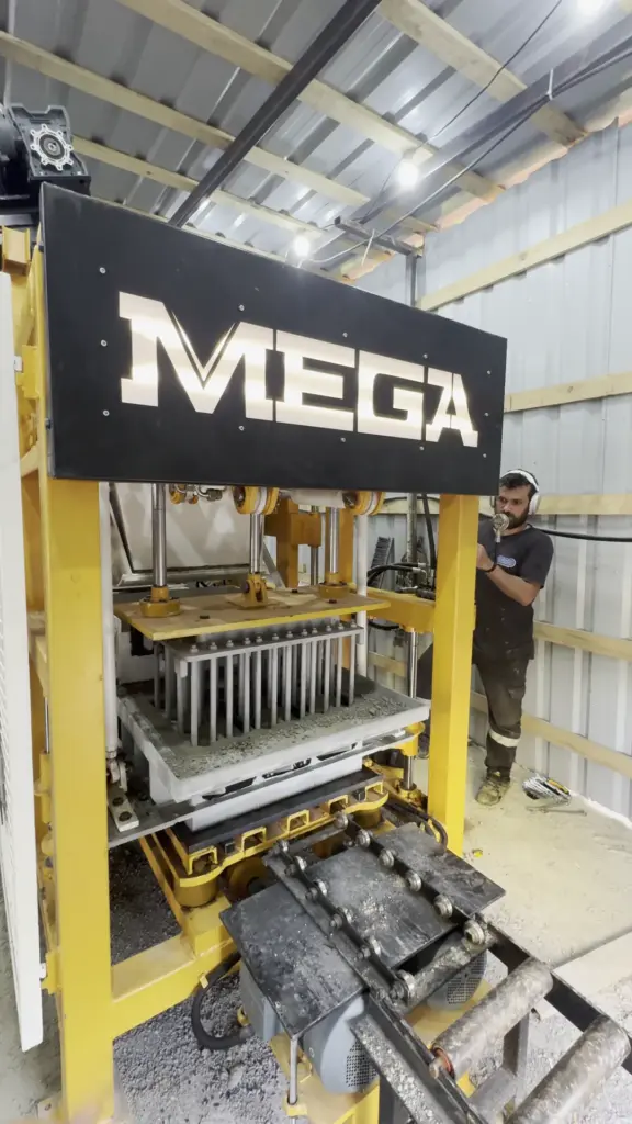 MEGA M-PR 3.1 press producing concrete blocks at a customer site in Samtredia, Georgia